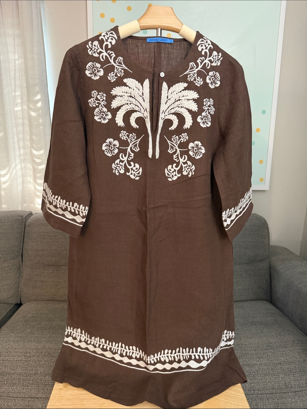 J. McLaughlin Brown Tunic with Cream Embroidery